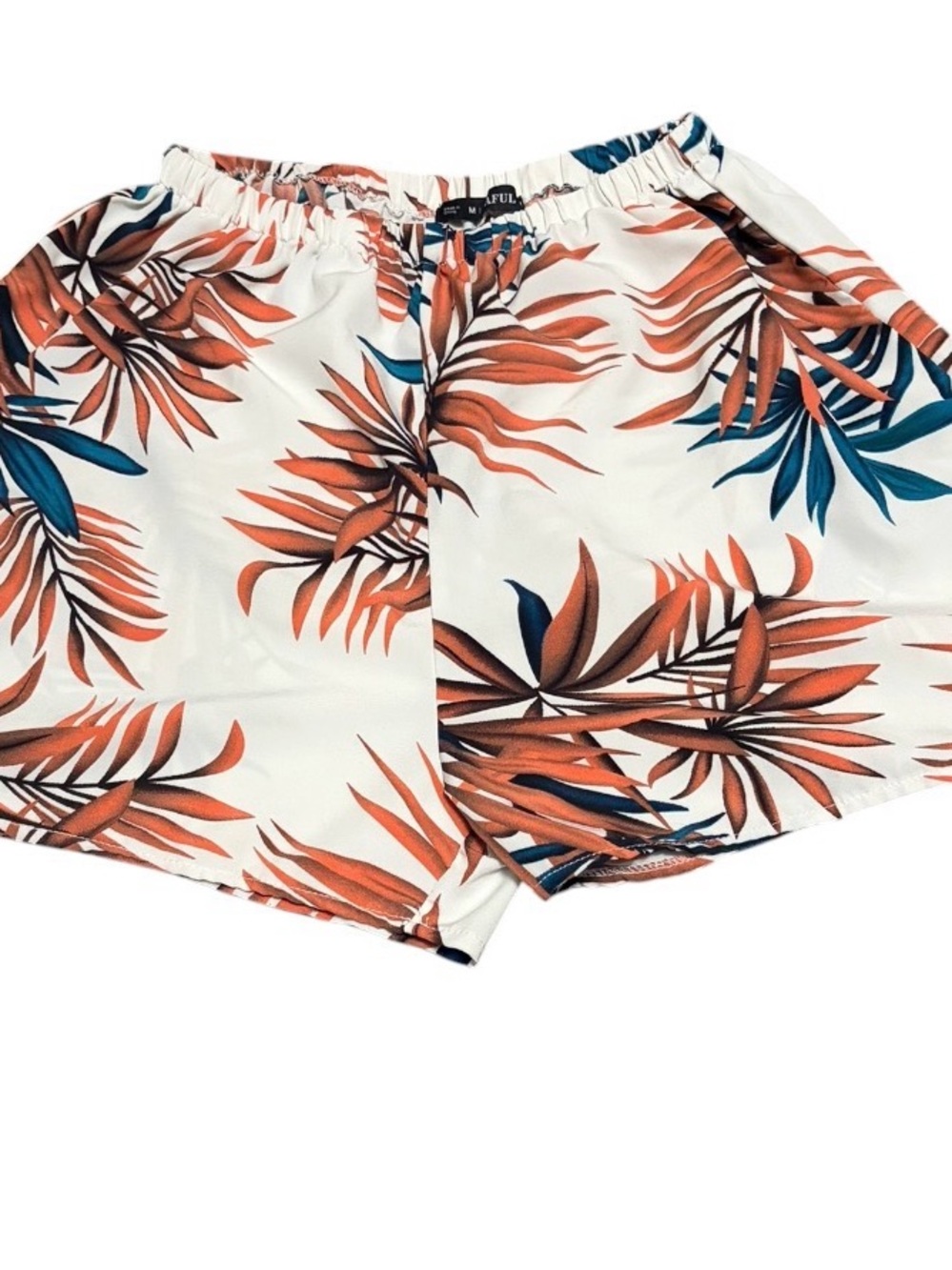 Zaful White Tropical Leaf Print Elastic Waist Shorts - Rust & Teal